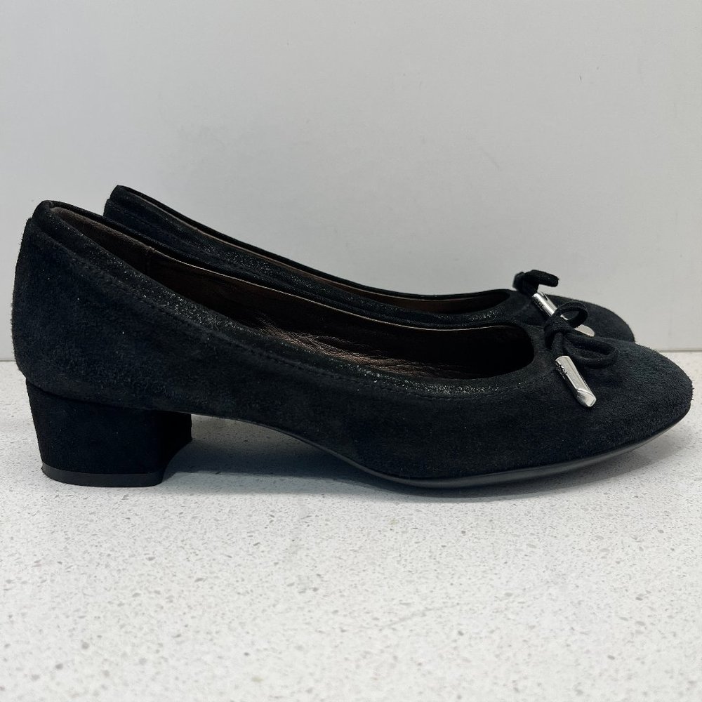 AGL Pump Black Leather Suede Shoes Round Toe Bow Accent Block Heels Sz 36 1/2